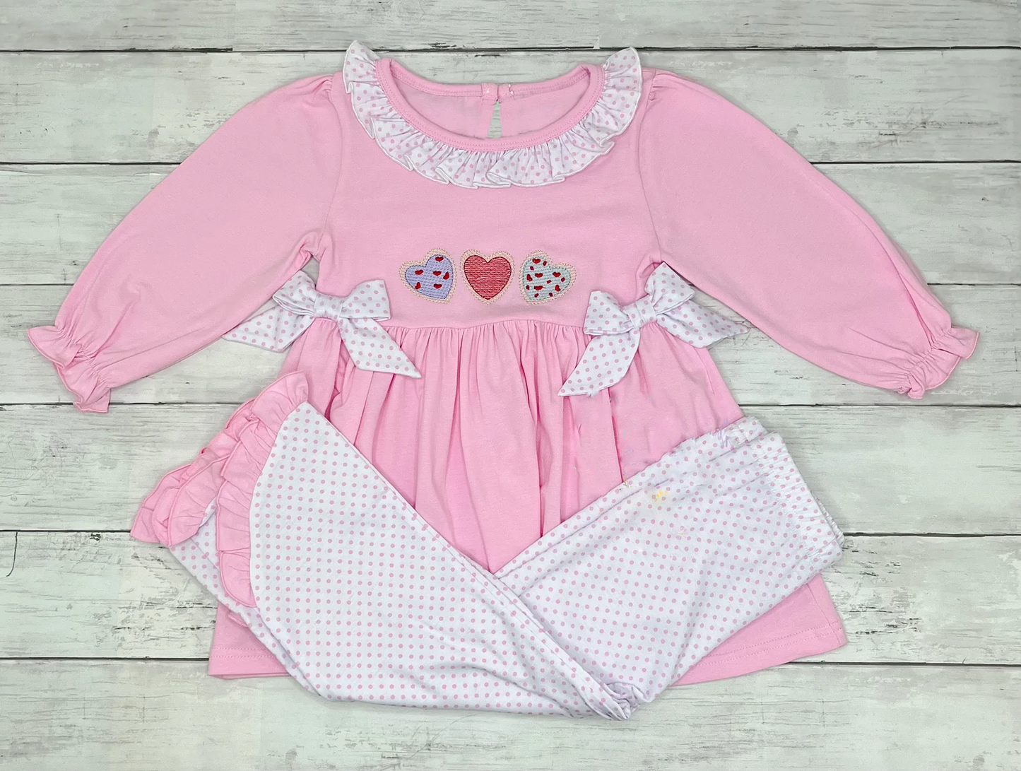 preorder GLP2980 Valentine's Day heart pink bows long sleeve pink dot pants girls set