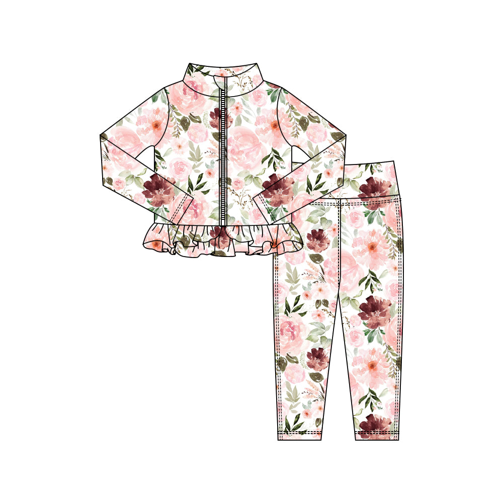 preorder GLP2997 yoga pink flowers zipper long sleeve pants girls set