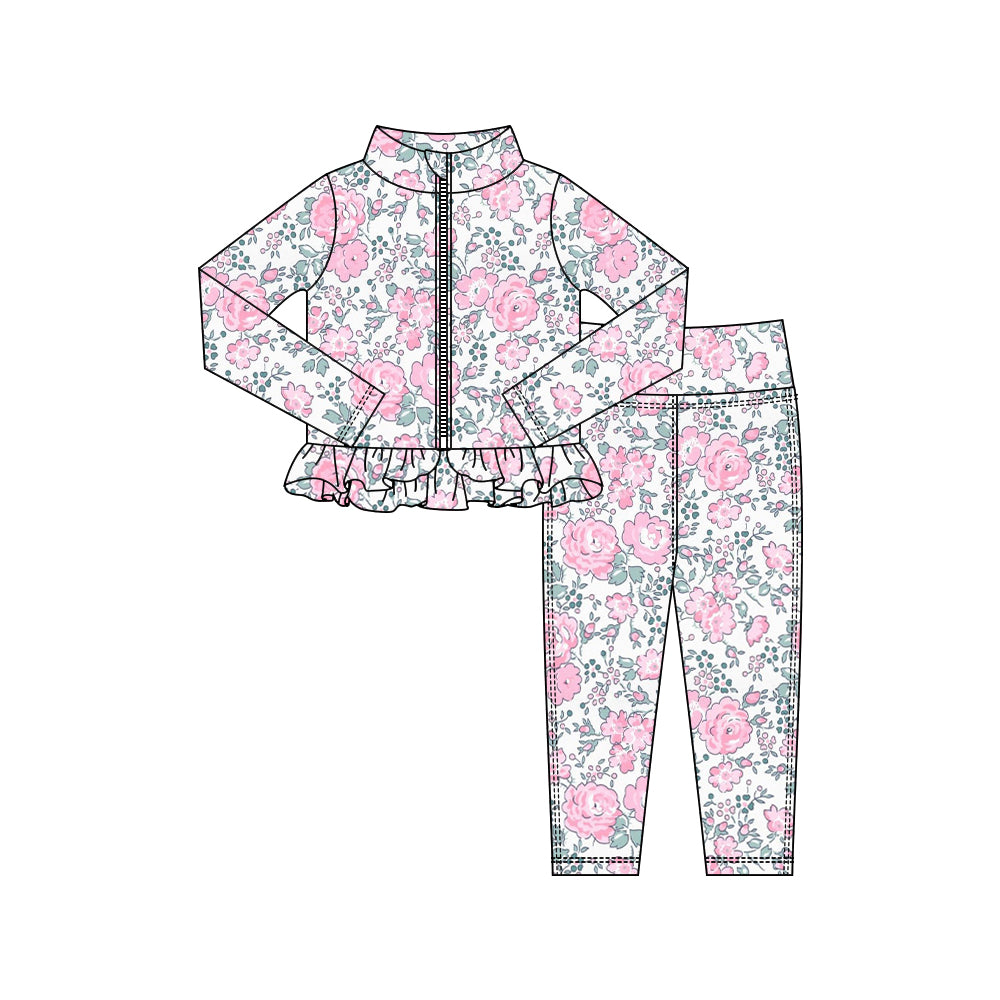 preorder GLP2999 yoga pink flowers zipper long sleeve pants girls set