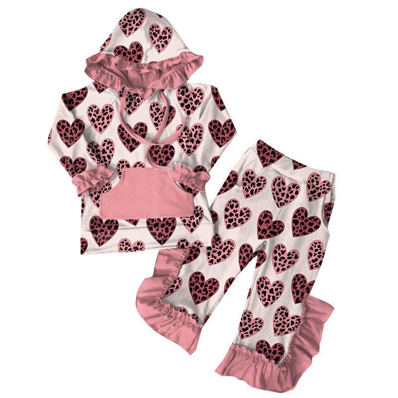 preorder GLP3050 Valentine's leopard heart pink pocket hoodie long sleeve pants girls set