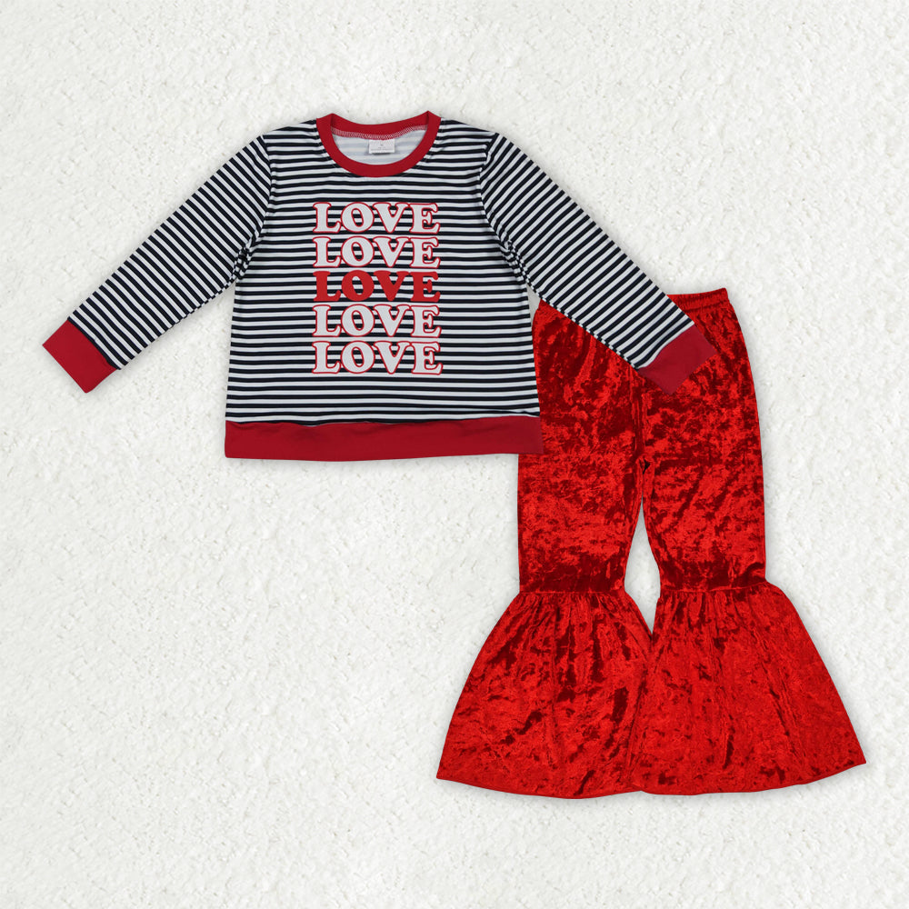 GLP3083 Valentine's Heart Love Black Striped Long Sleeve Red Velvet Pants Girls Set