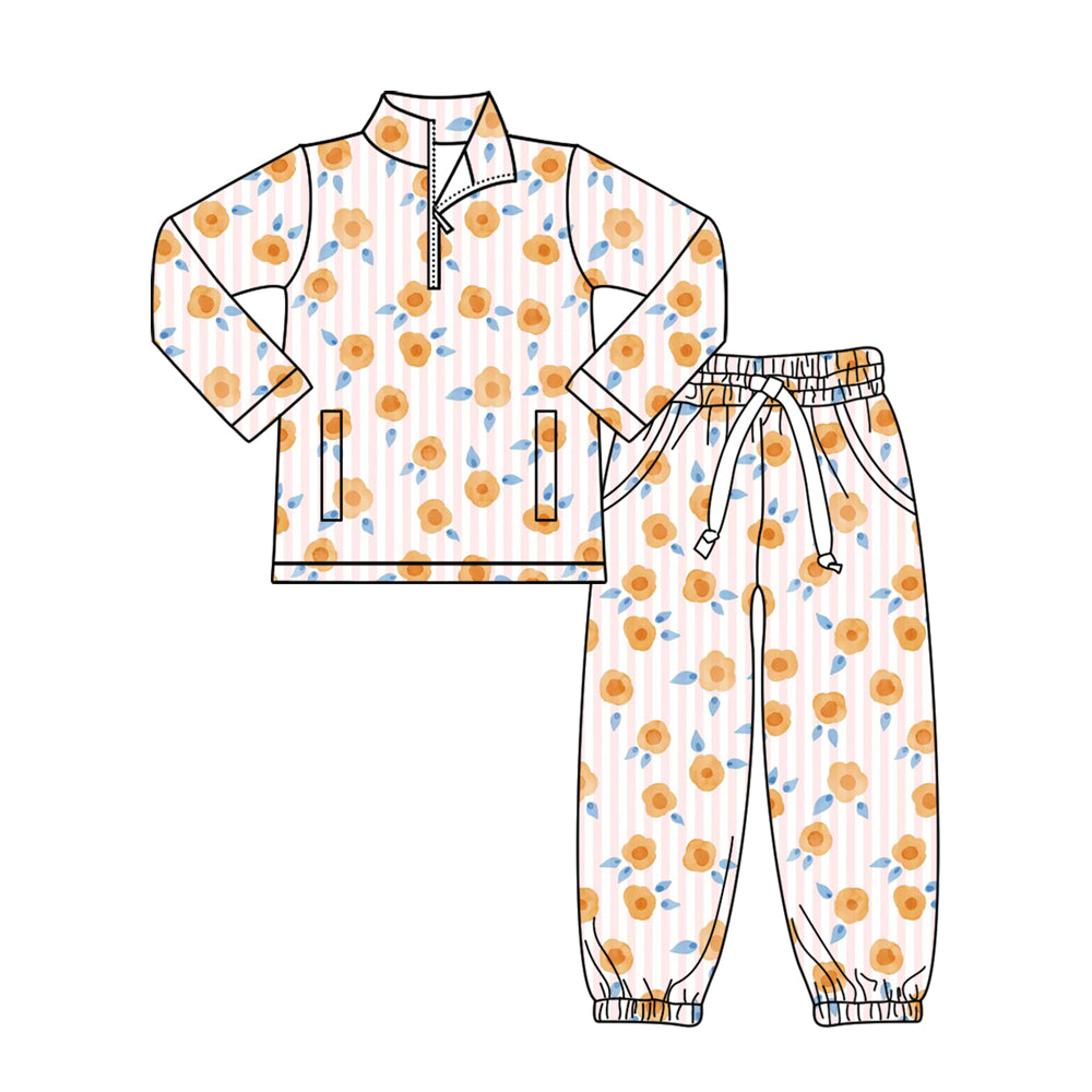 preorder GLP3091 Orange Flowers Striped Zipper Long Sleeve Pants Girls Set