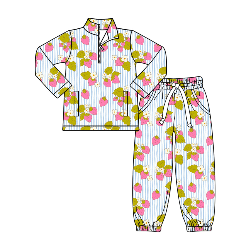 preorder GLP3094 Strawberry Flowers Striped Zipper Long Sleeve Pants Girls Set