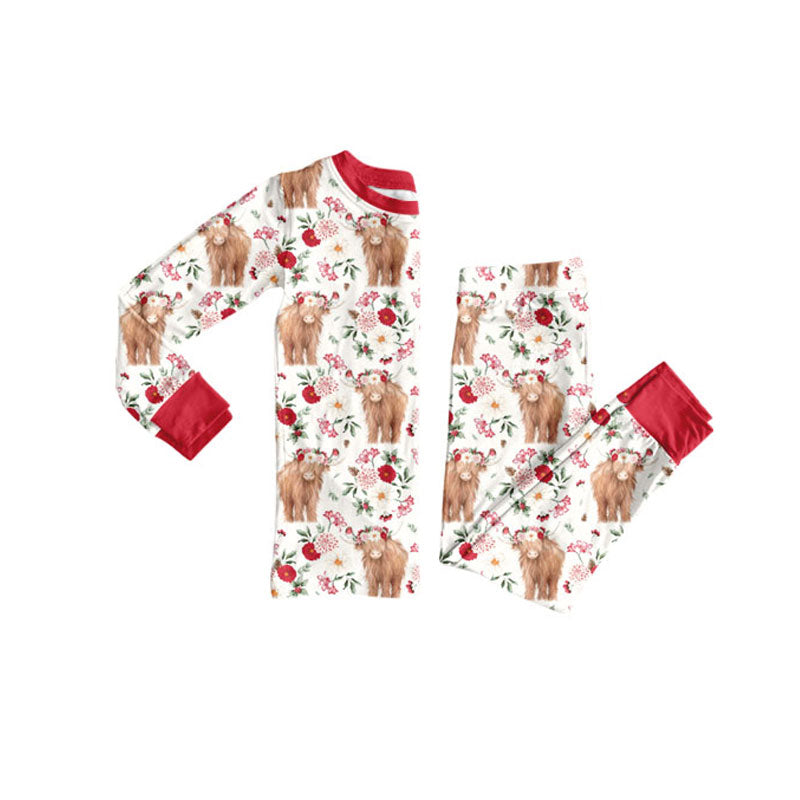 preorder GLP3106 Western Highland Cow Flowers Red Long Sleeve Pants Girls Pajamas