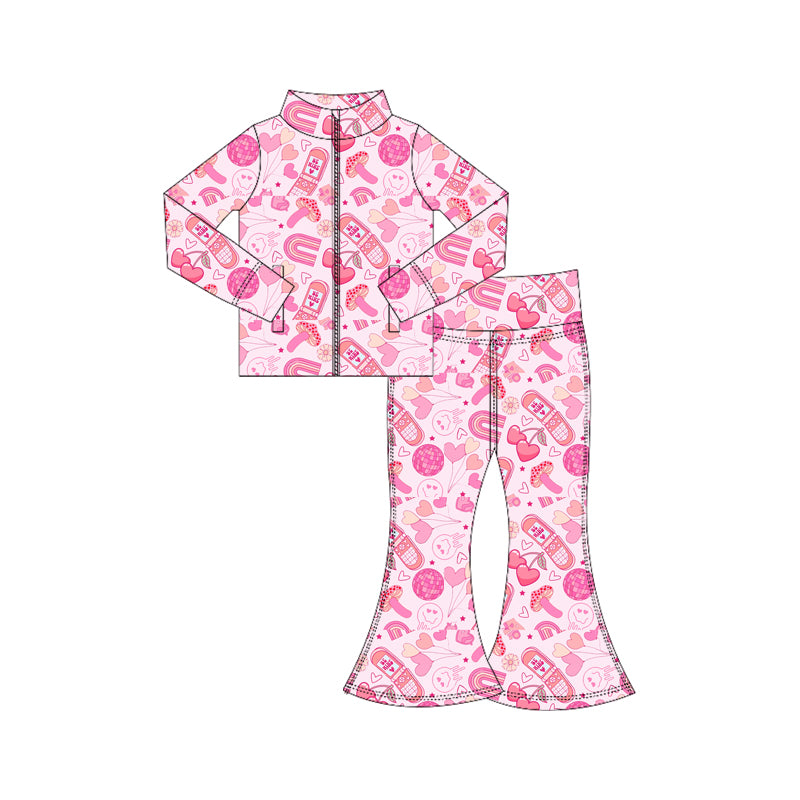 preorder GLP3110 Valentine's Day Heart Rainbow Mashroon Pink Zipper Long Sleeve Pants Girls Set