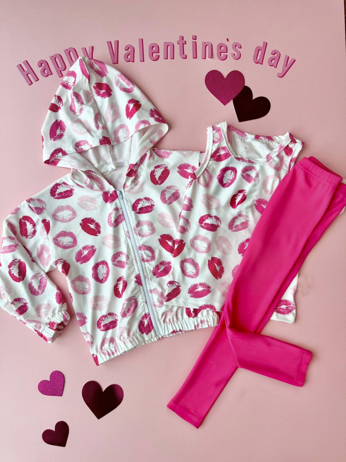 preorder GLP3120 3pcs Valentine's Day Lips Top+Coat Hot Pink Pants Girls Set