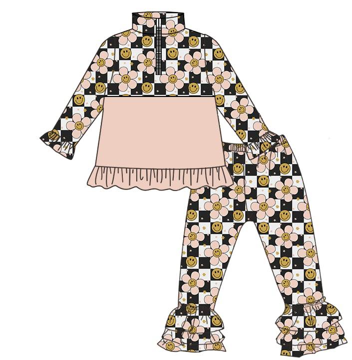 preorder GLP3121 Smile Flowers Black Checkered Zipper Long Sleeve Pants Girls Set
