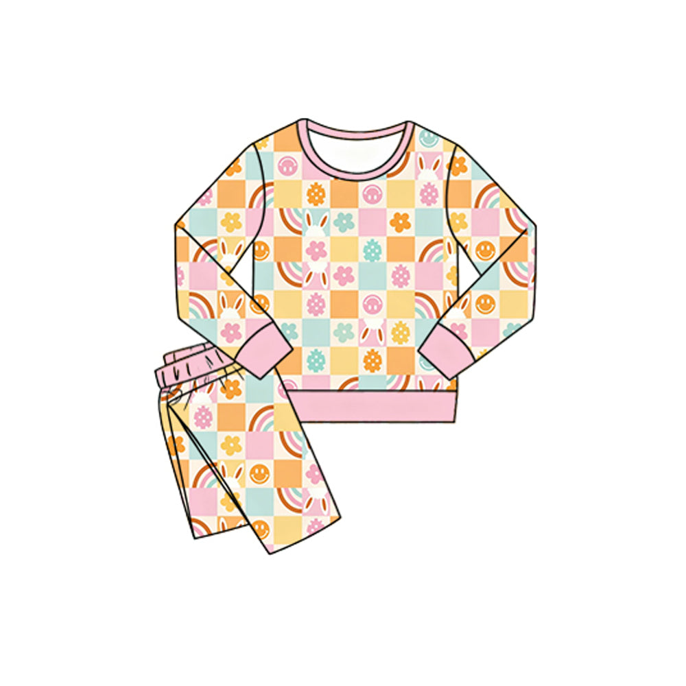 preorder GLP3129 Easter Bunny Rabbit Flowers Checkered Long Sleeve Pants Girls Pajamas