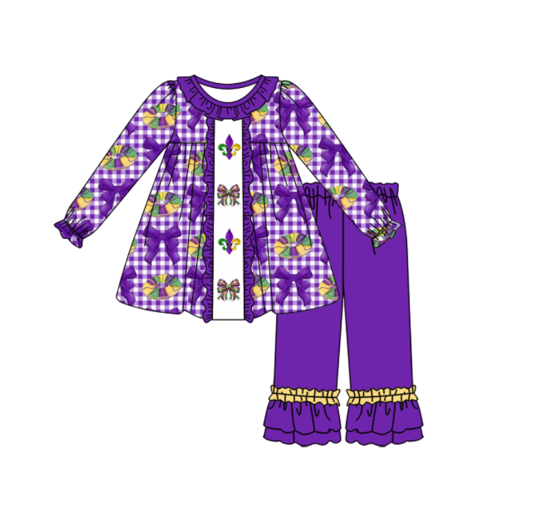 preorder GLP3134 Mardi Gras Dount Bows Long Sleeve Purple Pants Girls Set