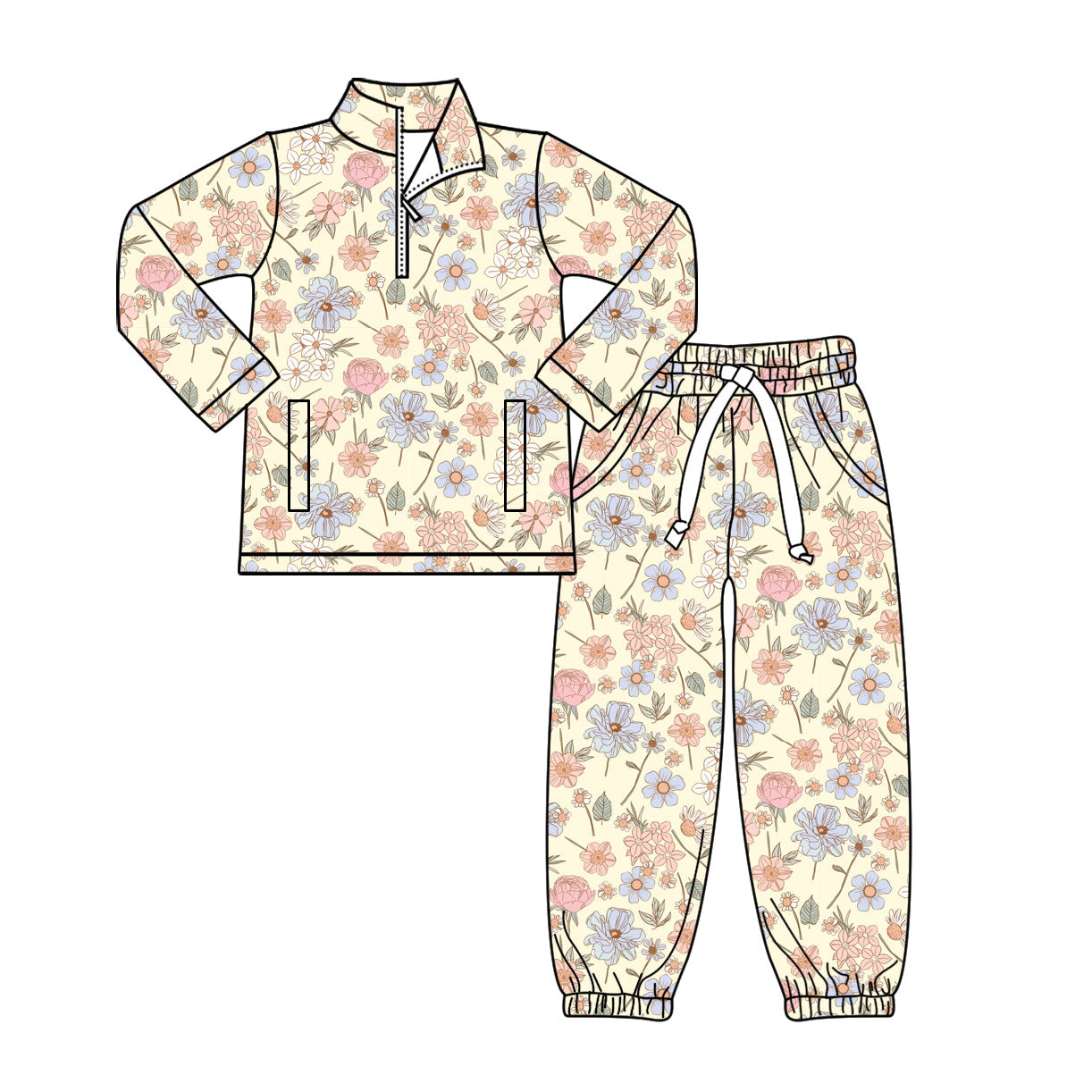 preorder GLP3149 Colorful Flowers Zipper Long Sleeve Pants Girls Set