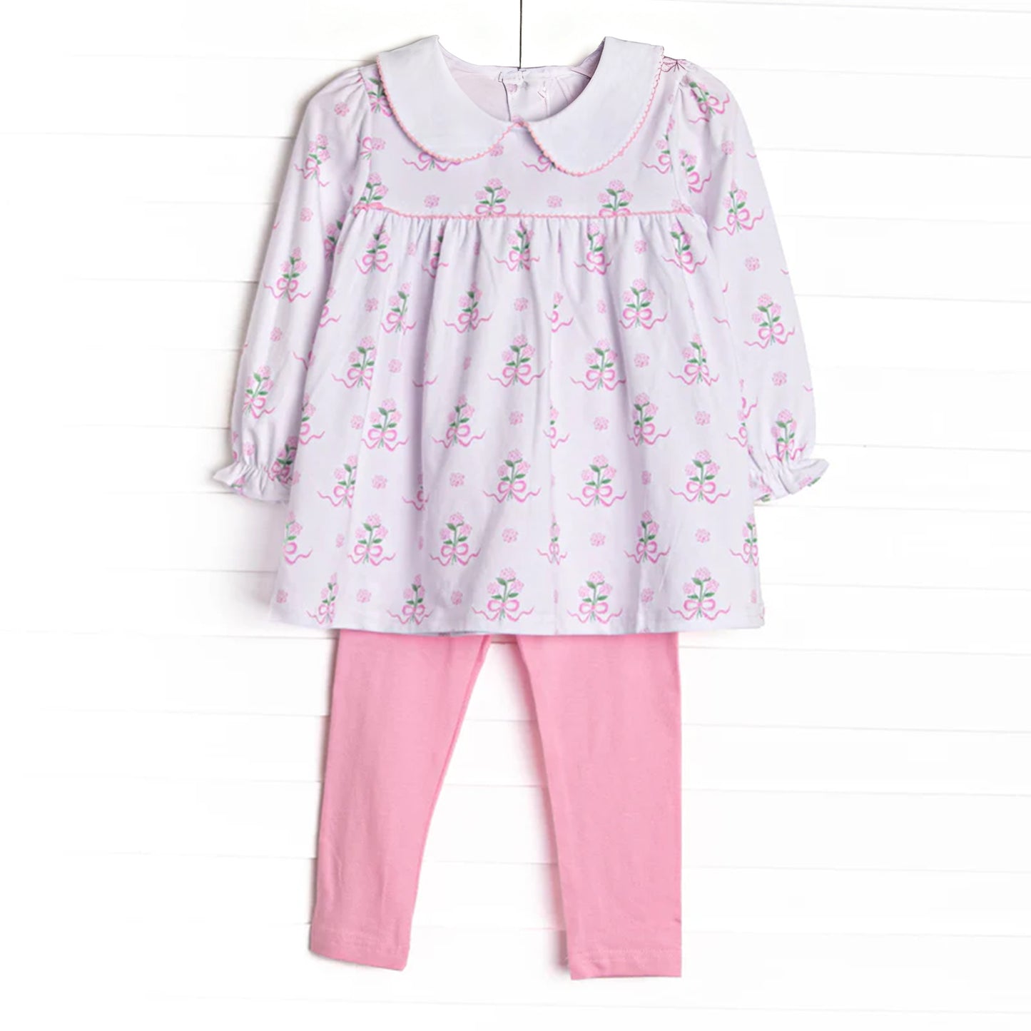 preorder GLP3164 Pink Flowers bows Long Sleeve Pink Pants Girls Set