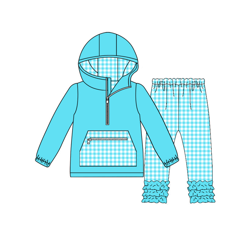 preorder GLP3208 Blue Pocket Zipper Hoodie Long Sleeve Pants Girls Set