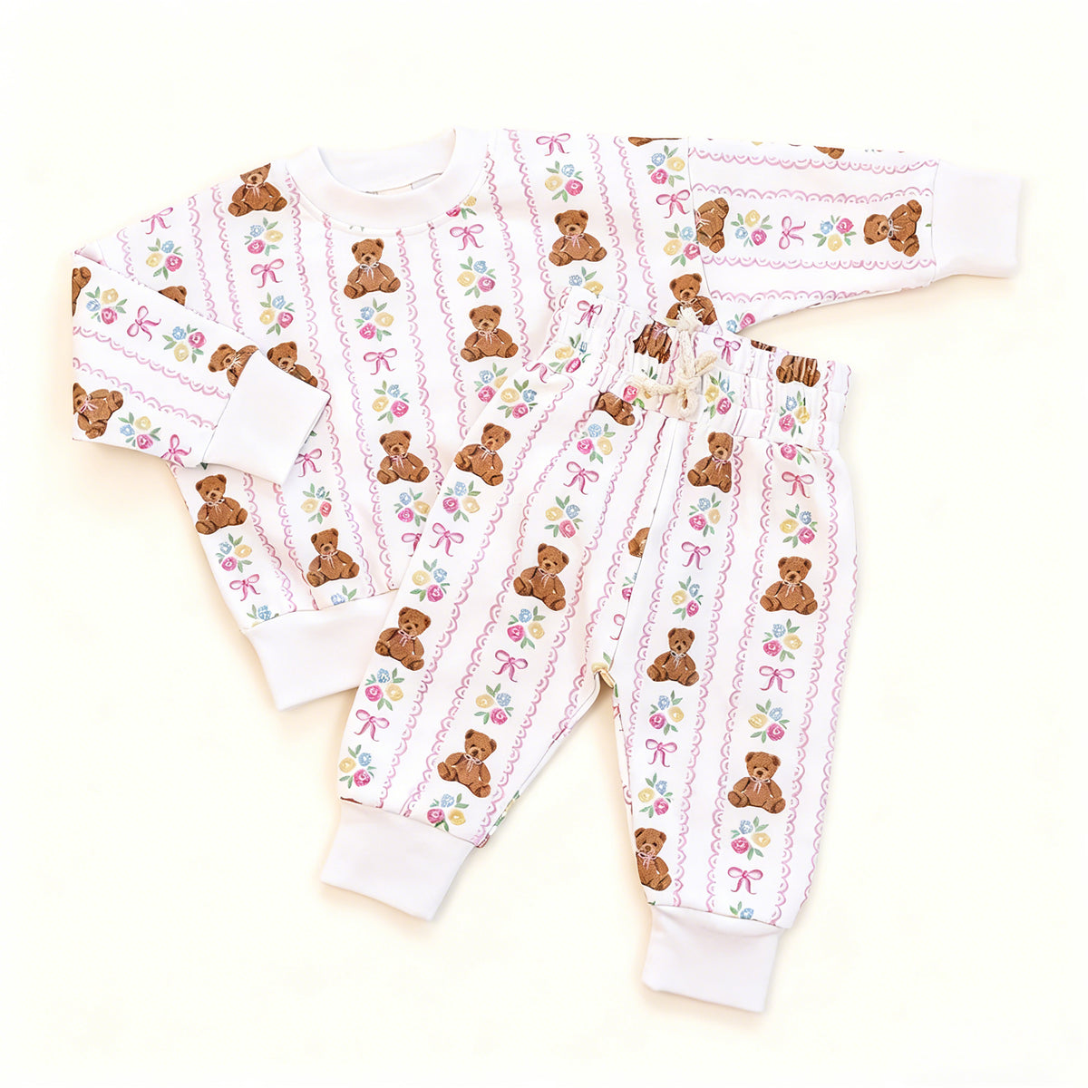 preorder GLP3234 Bows Flowers Bear Pink Long Sleeve Pants Girls Set