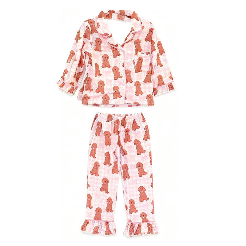 preorder GLP3237 Cute Pet Dog Bows Pink Long Sleeve Pants Girls Pajamas