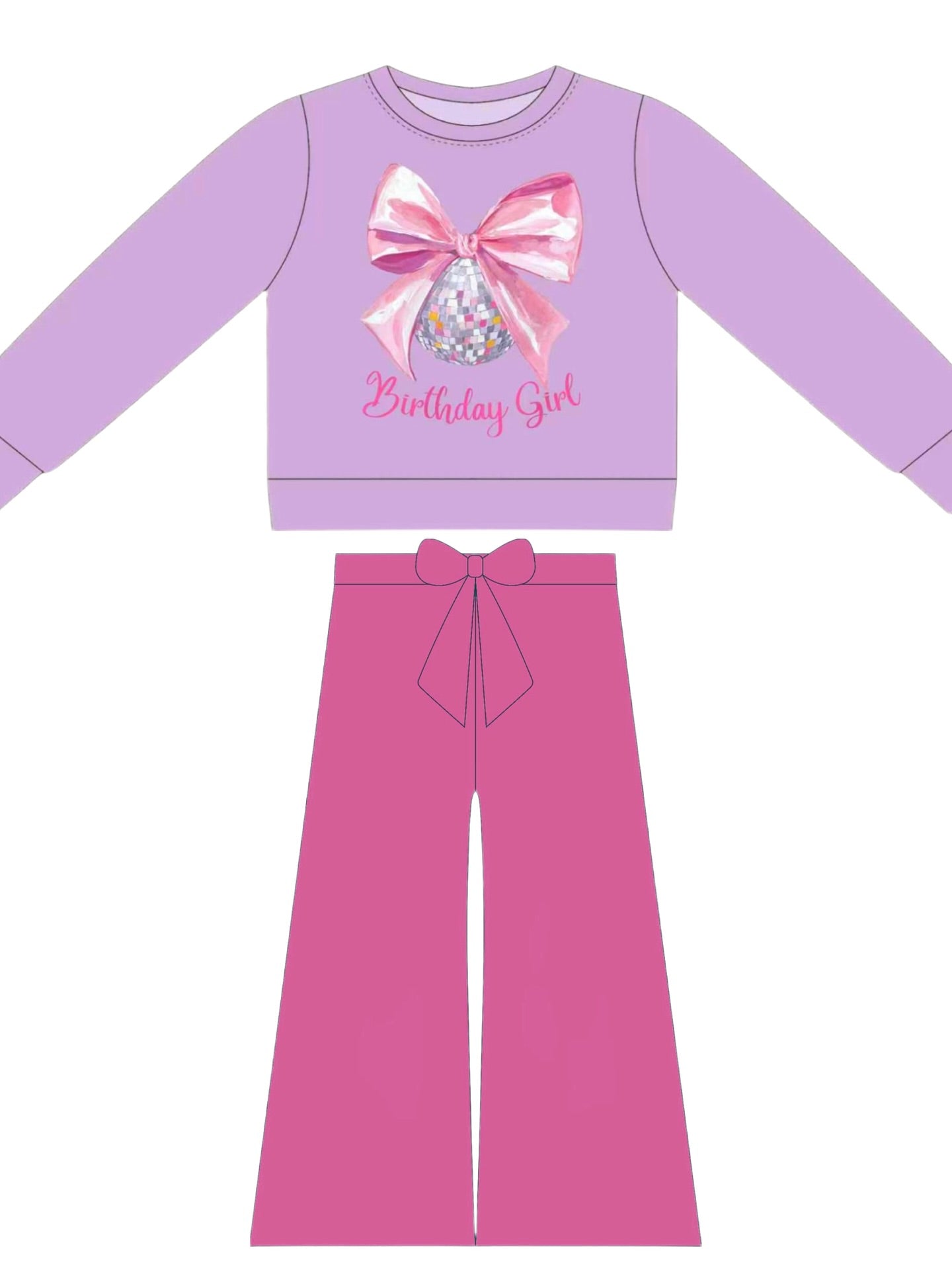 preorder GLP3239 Birthday Girl Bow Light Purple Long Sleeve Hot Pink Pants Girls Set