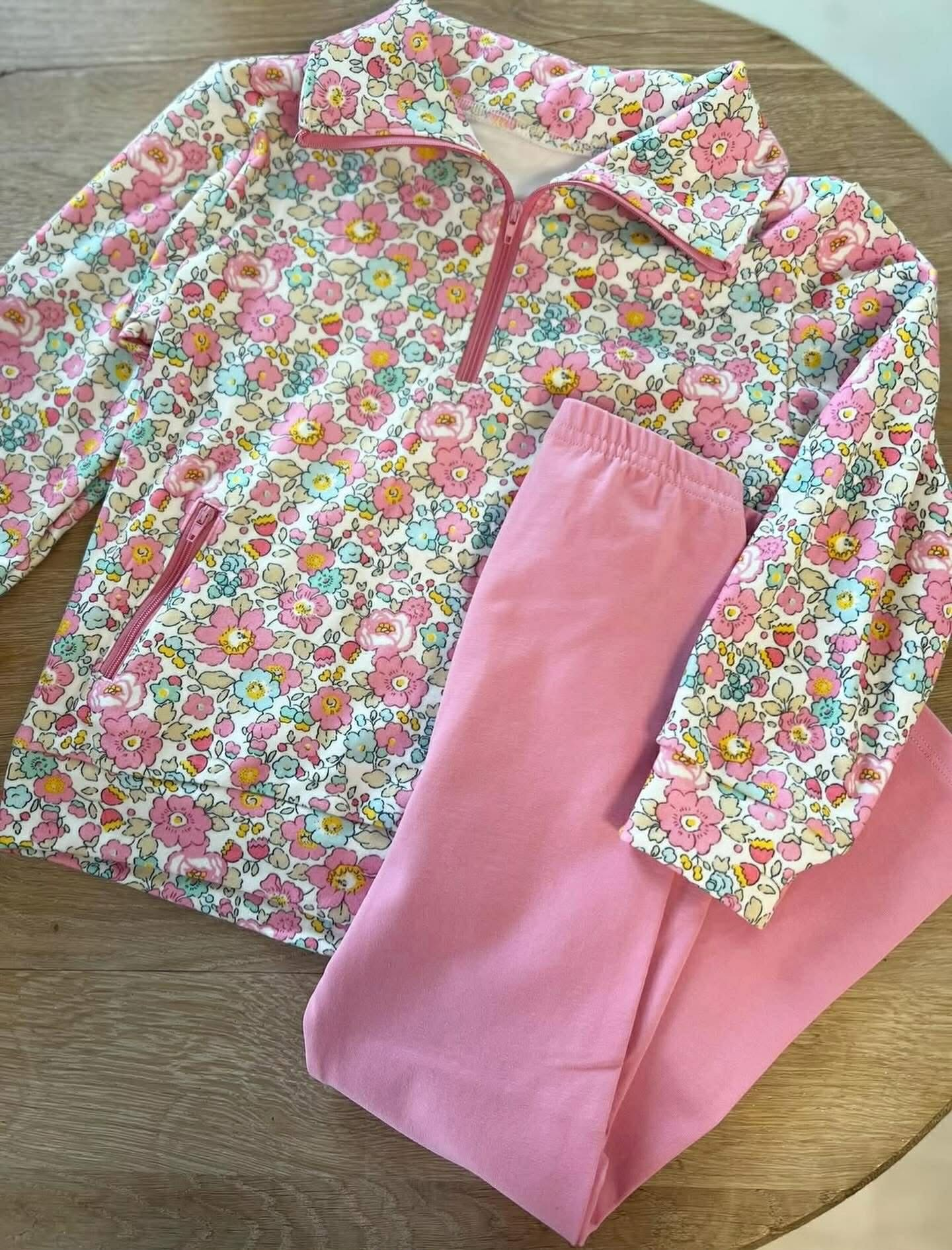 preorder GLP3241 Colorful Flowers Floral Zipper Long Sleeve Pink Pants Girls Set