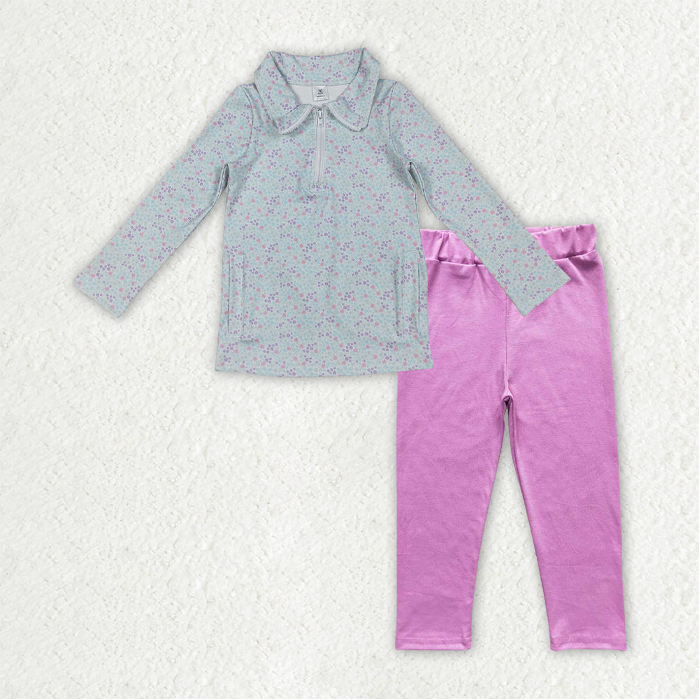 GLP3249 Yoga Blue Flowers Floral Zipper Long Sleeve Hot Pink Pants Girls Set
