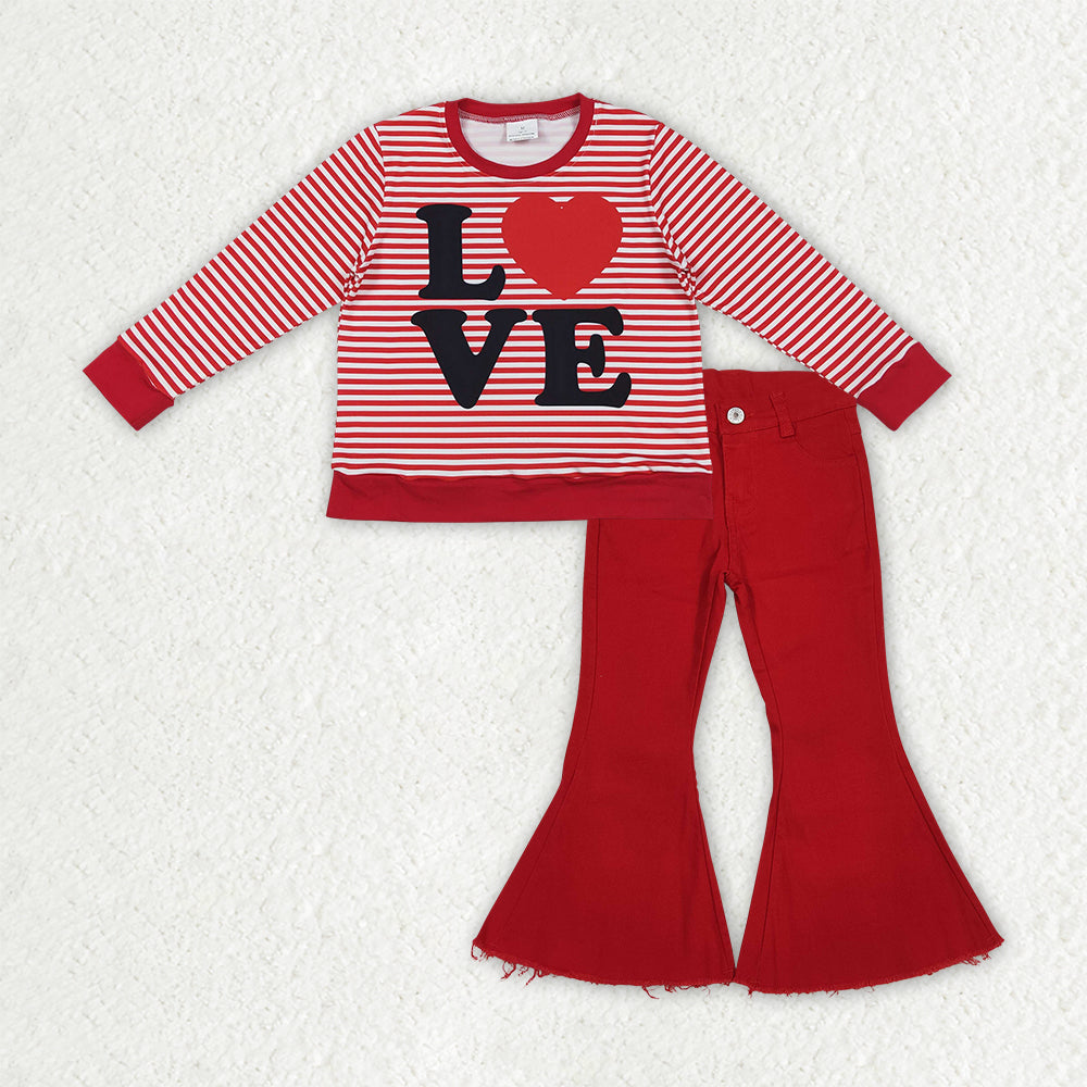 GLP3264 Valentine's Day Love Red Striped Long Sleeve Red Jeans Girls Set