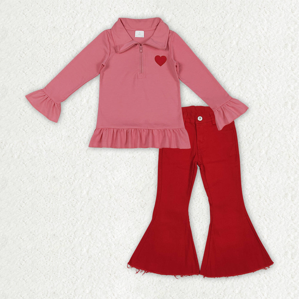 GLP3265 Valentine's Day Heart Red Zipper Long Sleeve Red Jeans Girls Set