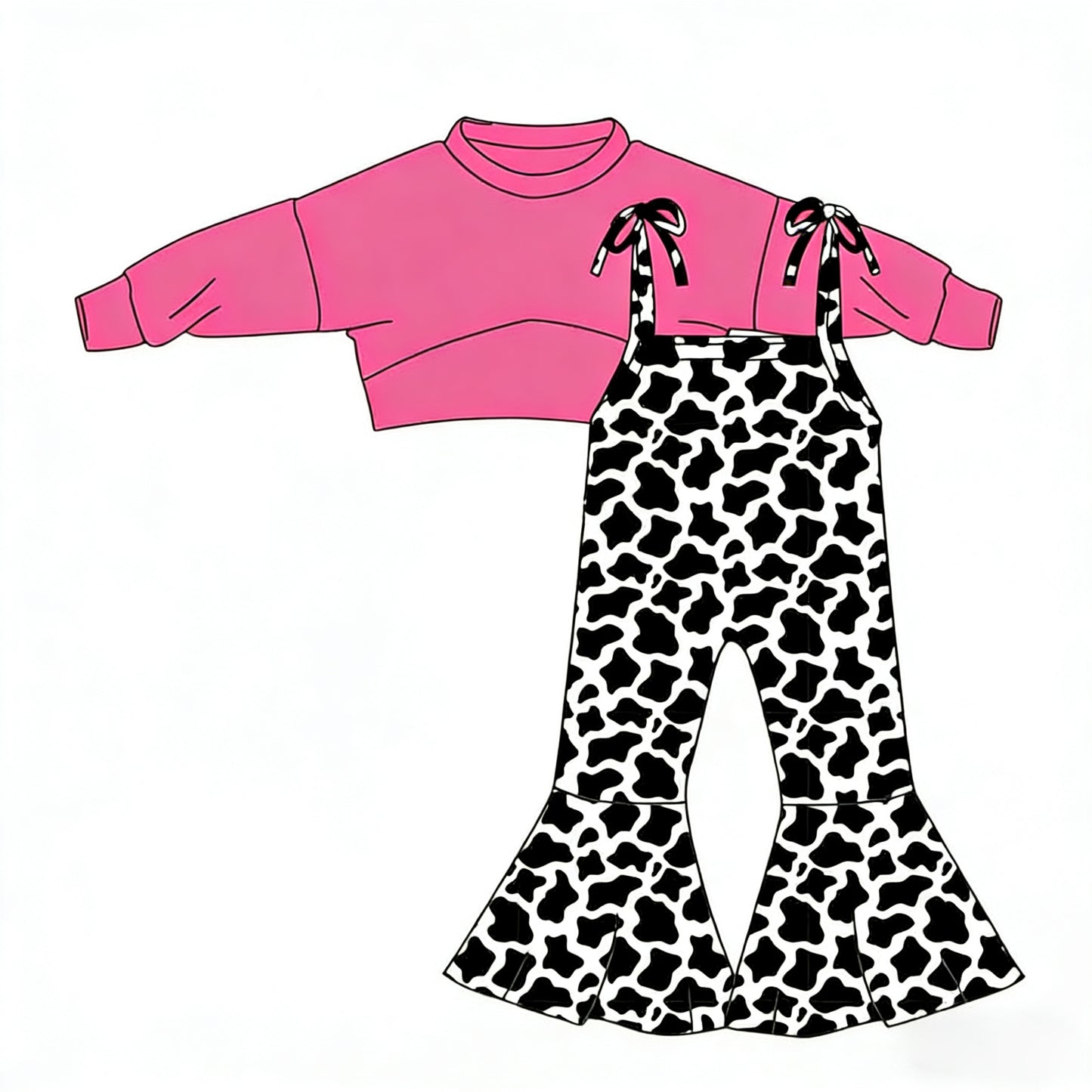 preorder GLP3270 Pink Long Sleeve Cow Print Jumpsuits Girls Set