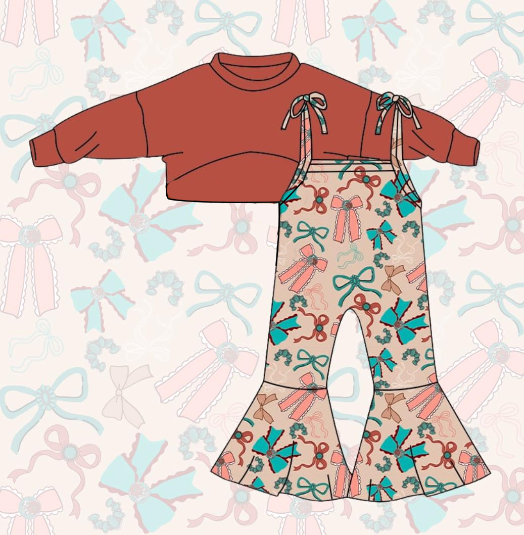 preorder GLP3271 Orange Long Sleeve Colorful Bows Jumpsuits Girls Set