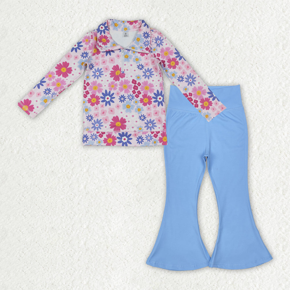 GLP3274 Yoga Colorful Flowers Zipper Long Sleeve Blue Pants Girls Set