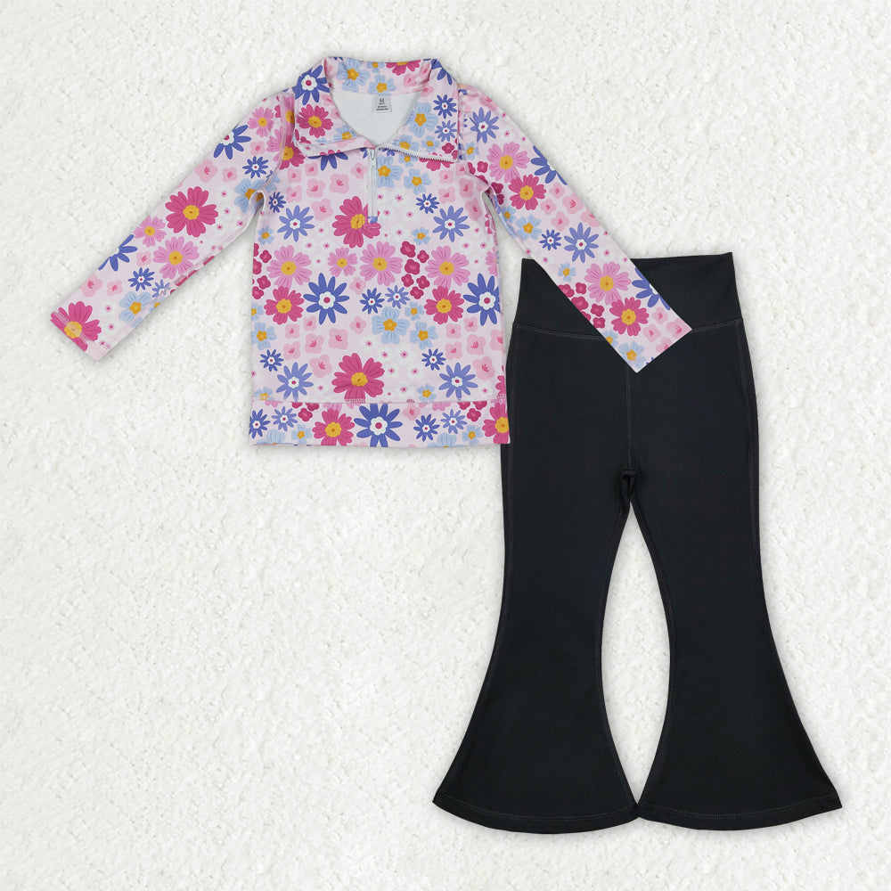 GLP3275 Yoga Colorful Flowers Zipper Long Sleeve Black Pants Girls Set