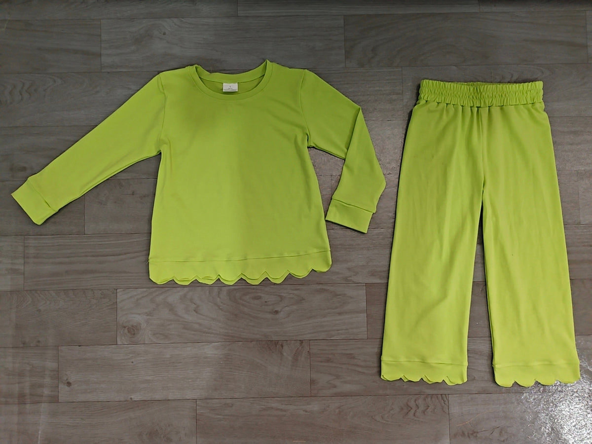 preorder Samples GLP3296 Green Scallop Long Sleeve Pants Girls Set