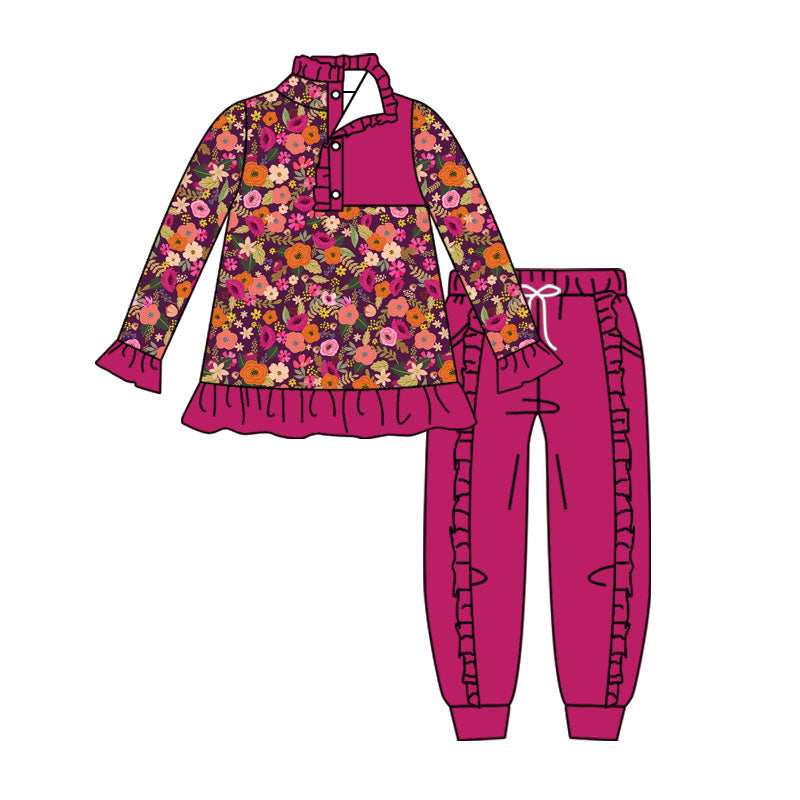 preorder GLP3314 Flowers Hot Pink Long Sleeve Pants Girls Set