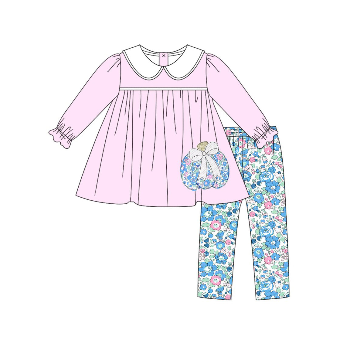 preorder GLP3319 Autumn Pumpkin Pink Long Sleeve Blue Flowers Pants Girls Set