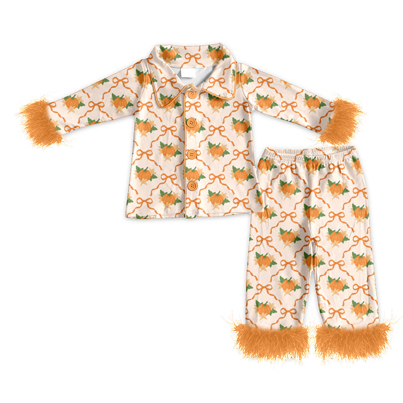 preorder GLP3336 Fur Pumpkin Orange Long Sleeve Pants Girls Pajamas