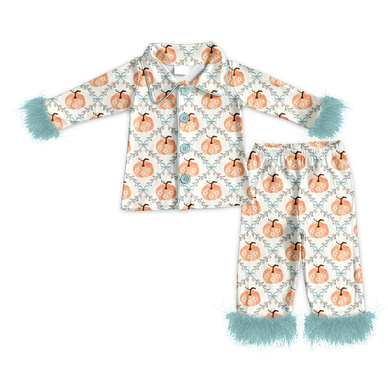 preorder GLP3338 Fur Pumpkin Blue Long Sleeve Pants Girls Pajamas