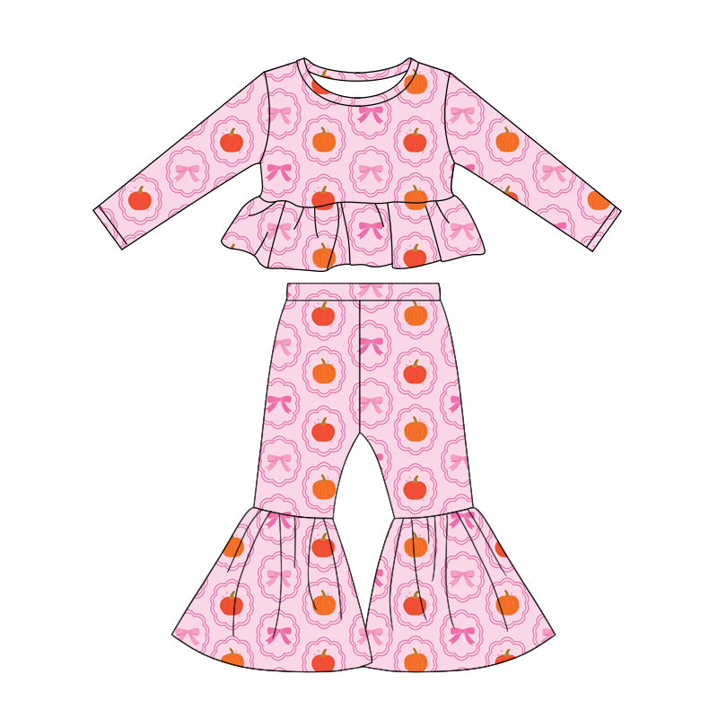 preorder GLP3339 Pumpkin Bows Pink Long Sleeve Pants Girls Set