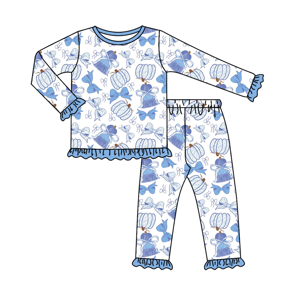 preorder GLP3349 Pumpkin Bows Blue Long Sleeve Pants Girls Set