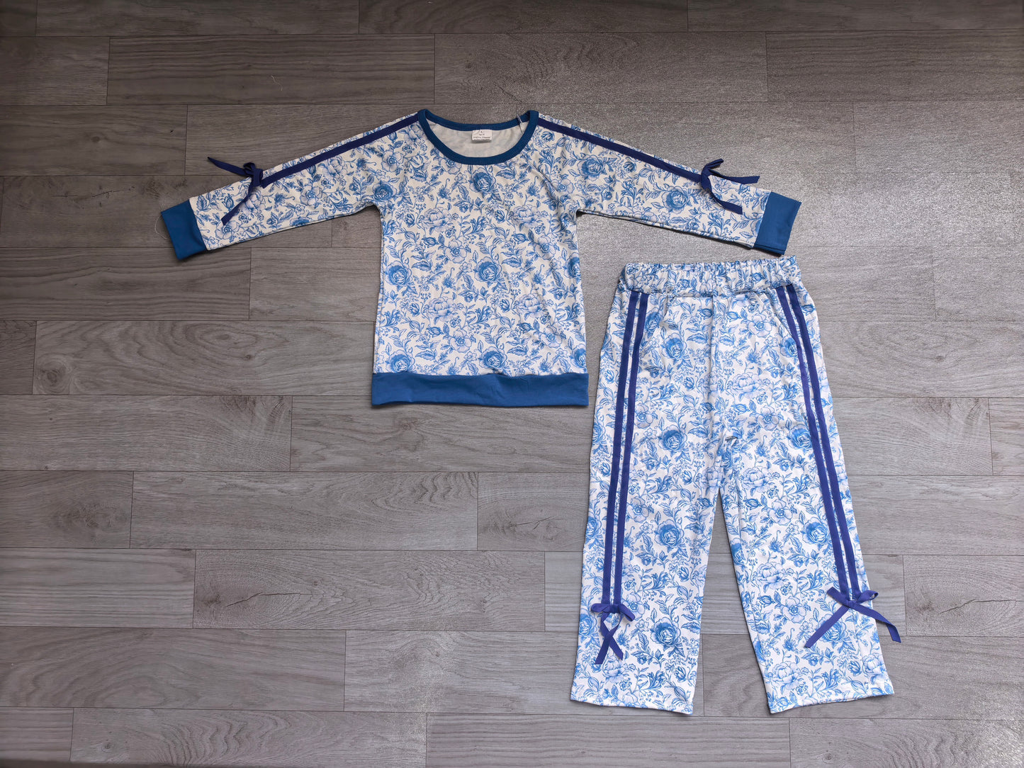 preorder Samples GLP3364 Blue Flowers Bows Long Sleeve Pants Girls Set