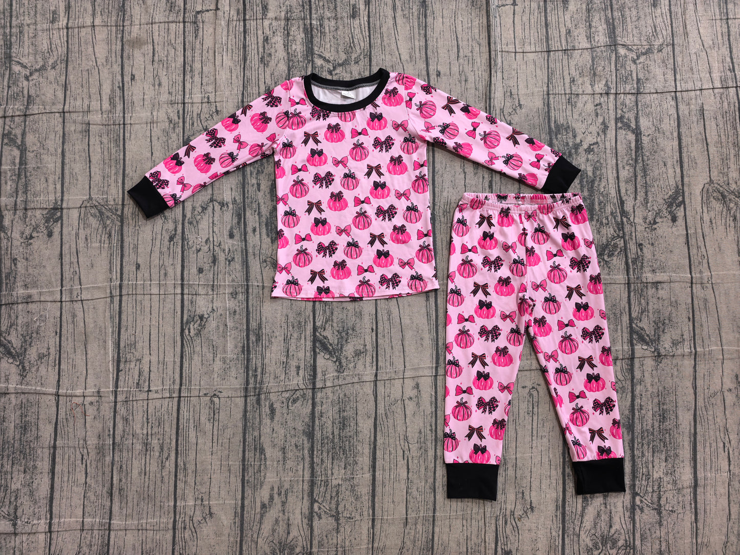 preorder Samples GLP3375 Pumpkin Bows Hot Pink Long Sleeve Pants Girls Pajamas