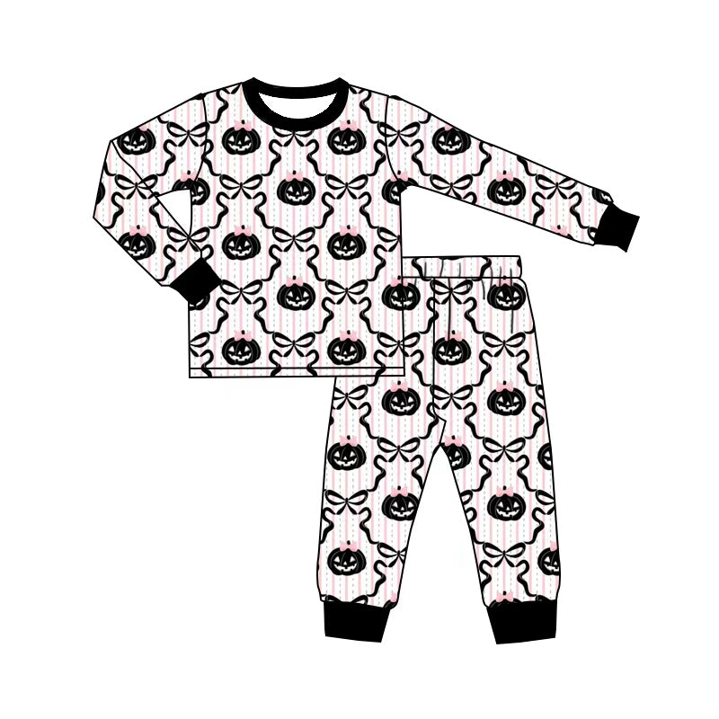 preorder GLP3378 Halloween Pumpkin Bows Black Pink Long Sleeve Pants Girls Pajamas
