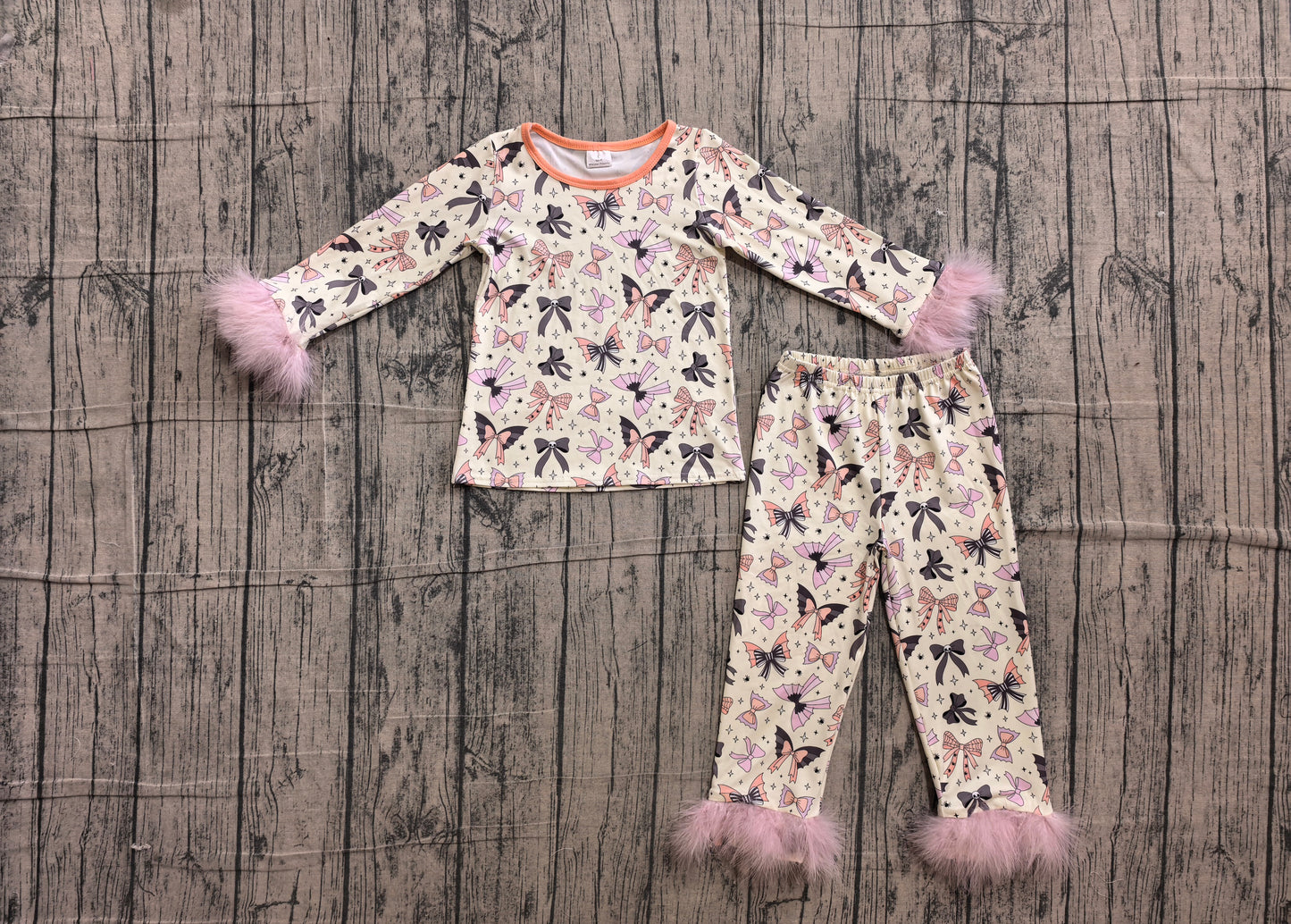 preorder Samples GLP3386 Halloween Bows Pink Fur Long Sleeve Pants Girls Pajamas