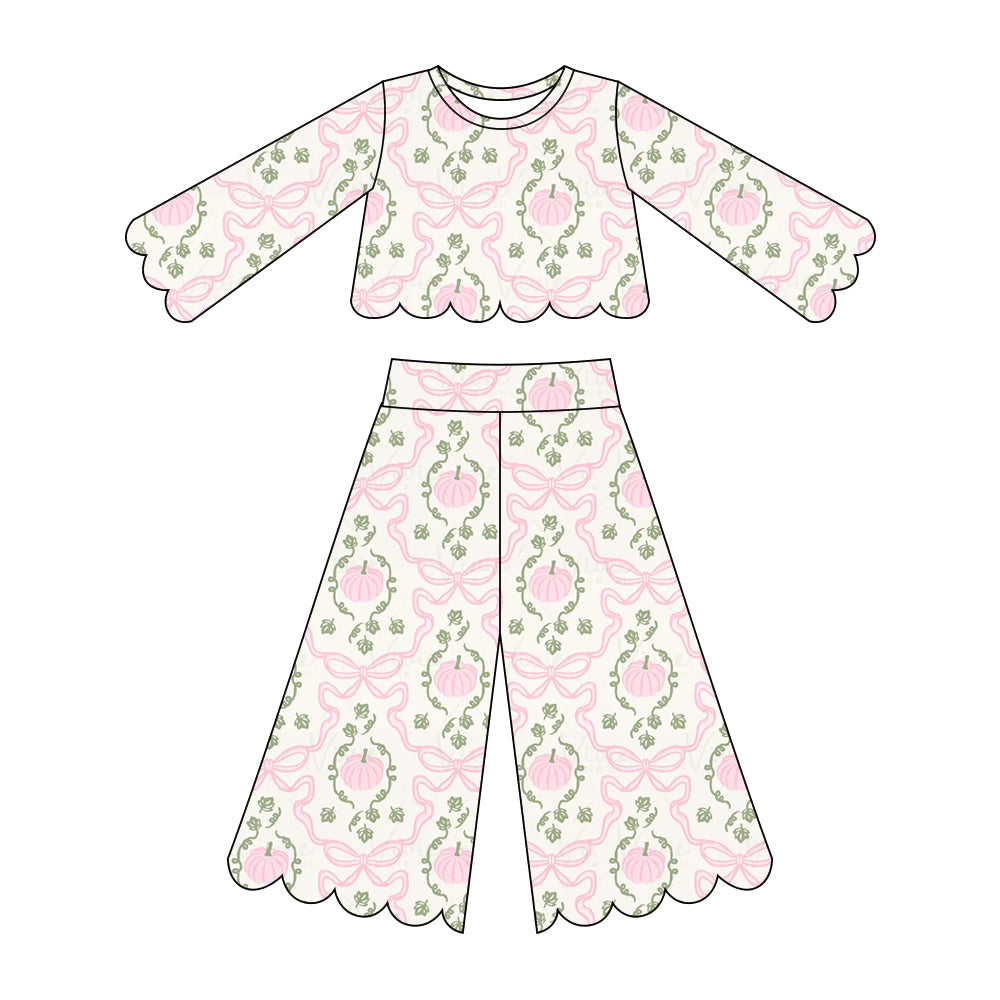 preorder GLP3392 Scallop Pumpkin Bows Long Sleeve Pants Girls Set