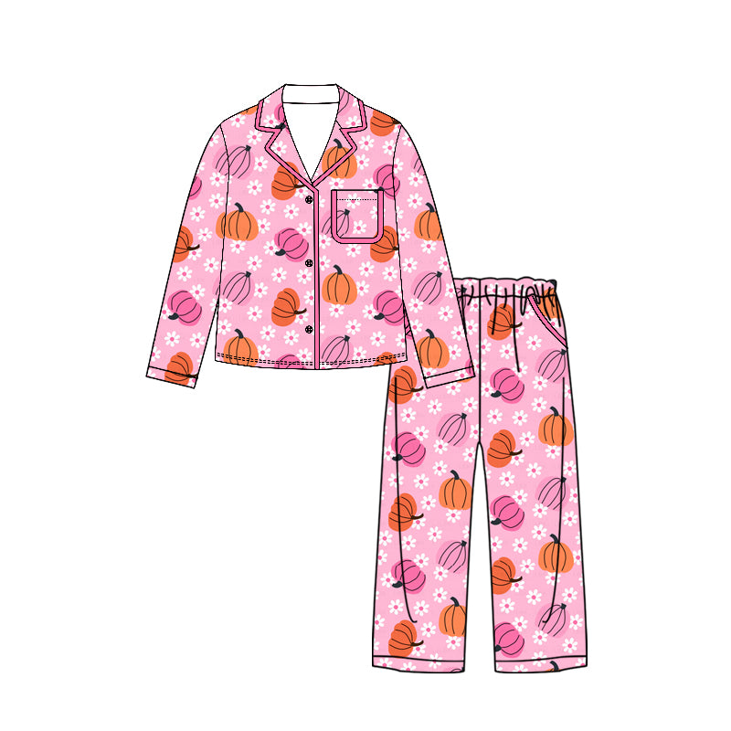 preorder GLP3424 Hot Pink Pumpkin Flowers Long Sleeve Pants Adult Women Pajamas