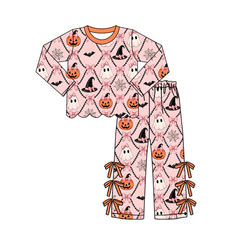 preorder GLP3434 Halloween Bows Spooky Pumpkin Pink Long Sleeve Pants Girls Set