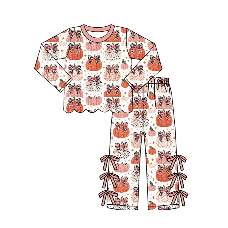preorder GLP3435 Pumpkin Bows Pink Long Sleeve Pants Girls Set
