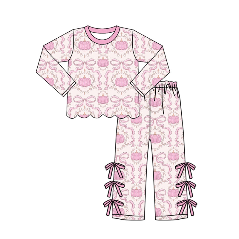 preorder GLP3437 Pumpkin Bows Pink Long Sleeve Pants Girls Set