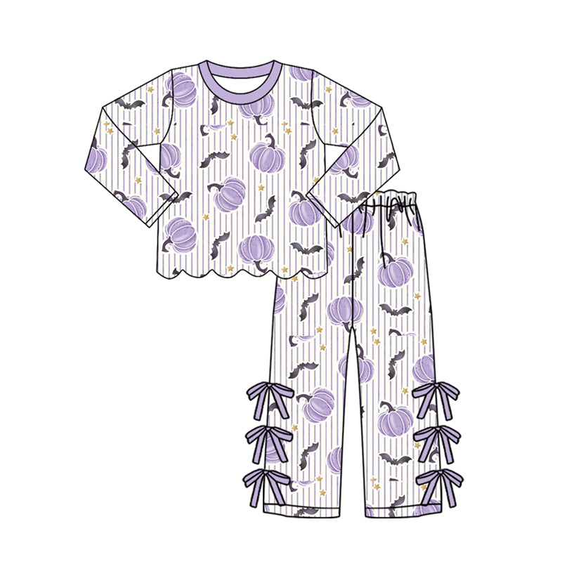 preorder GLP3438 Halloween Pumpkin Bat Purple Long Sleeve Pants Girls Set
