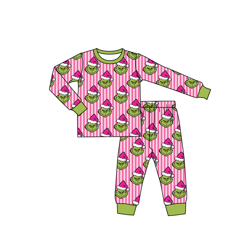 preorder GLP3441 Christmas Santa Pink Striped Long Sleeve Pants Girls Pajamas