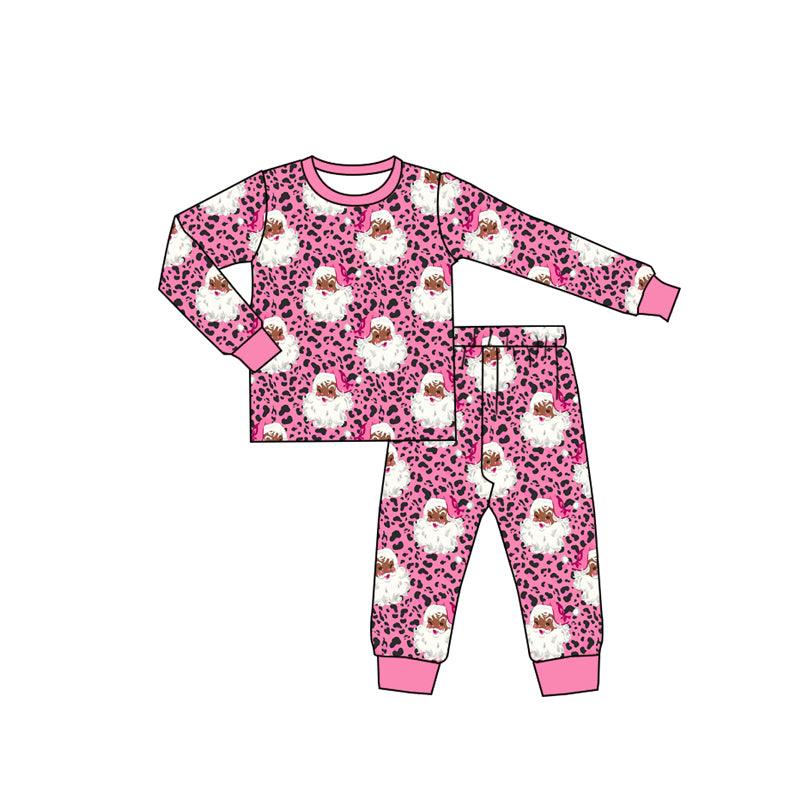 preorder GLP3442 Christmas Santa Pink Leopard Long Sleeve Pants Girls Pajamas