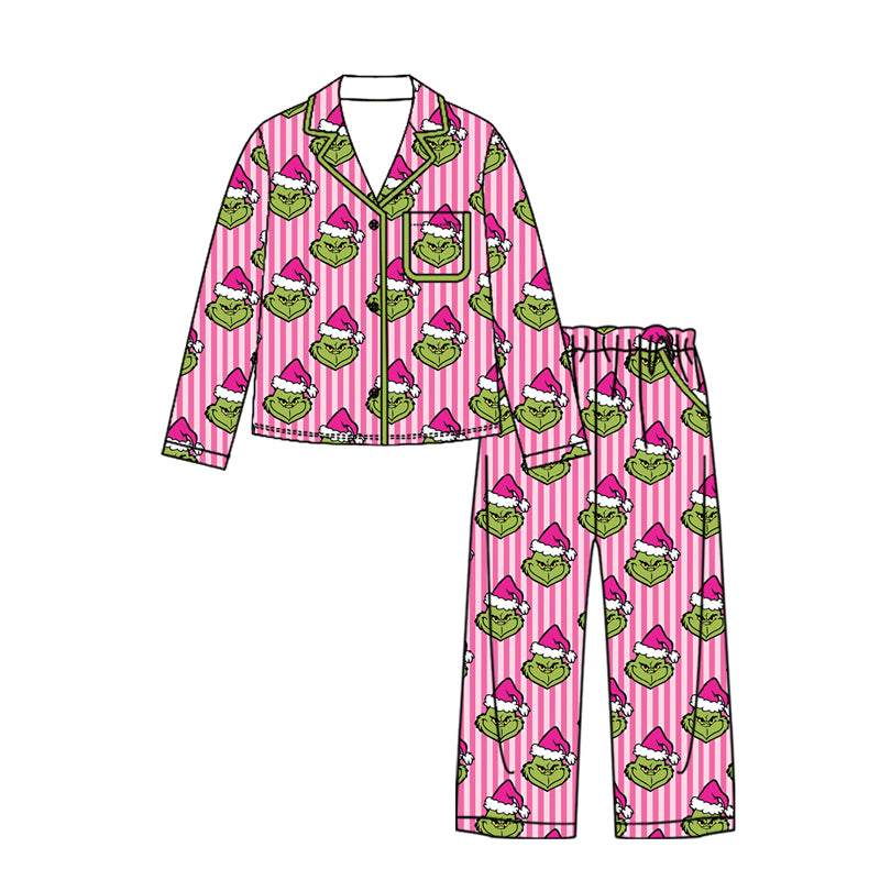 preorder GLP3444 Christmas Green Face Pink Striped Long Sleeve Pants Adult Women Pajamas