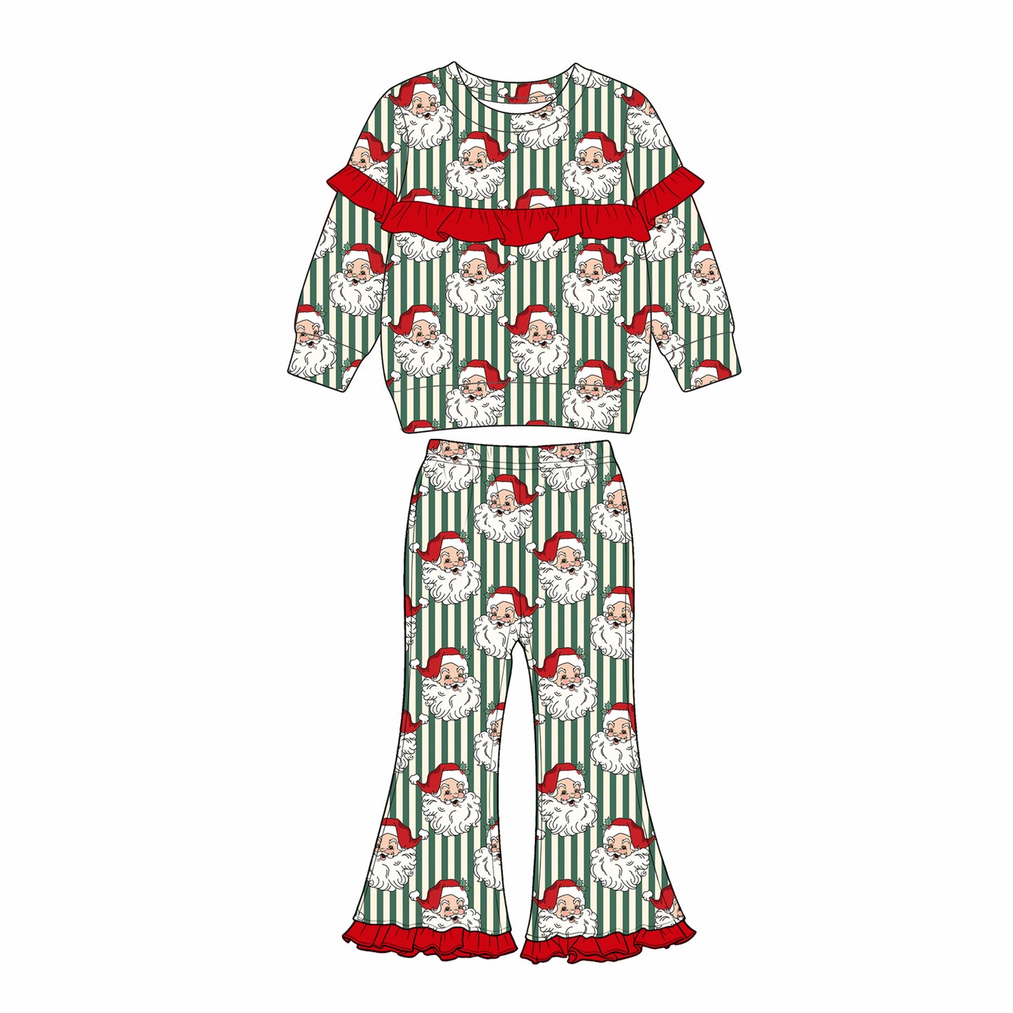 preorder GLP3452 Christmas Santa Green Striped Long Sleeve Pants Girls Set