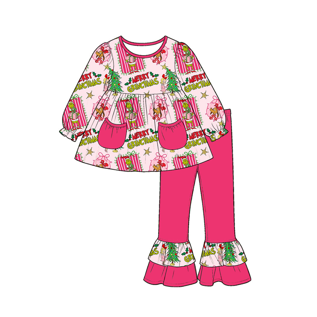 preorder GLP3461 Christmas Green Face Pockets Long Sleeve Hot Pink Pants Girls Set