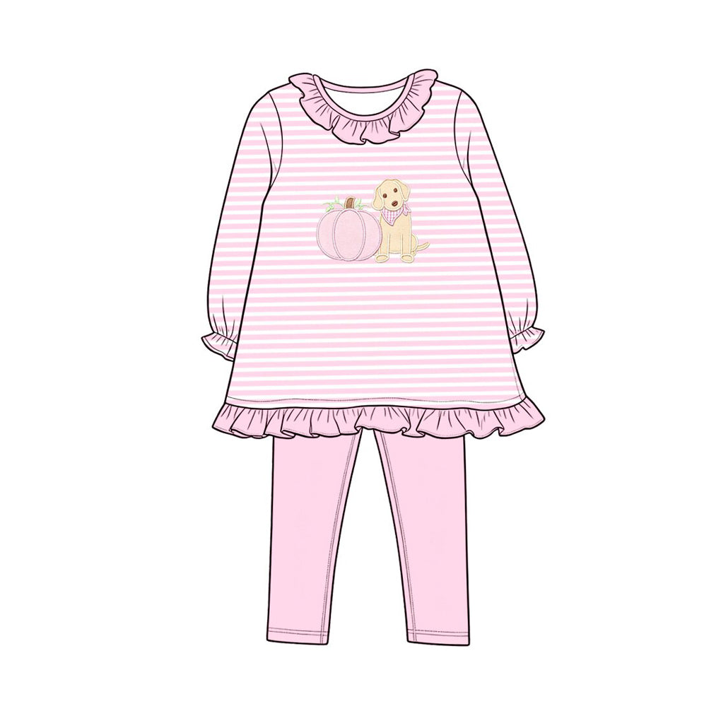 preorder GLP3480 Pumpkin Dog Pink Striped Long Sleeve Pants Girls Set
